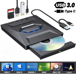7-in-1 External DVD Drive USB3.0, Portable CD DVD Drive Ultra-thin DVD/CD ROM